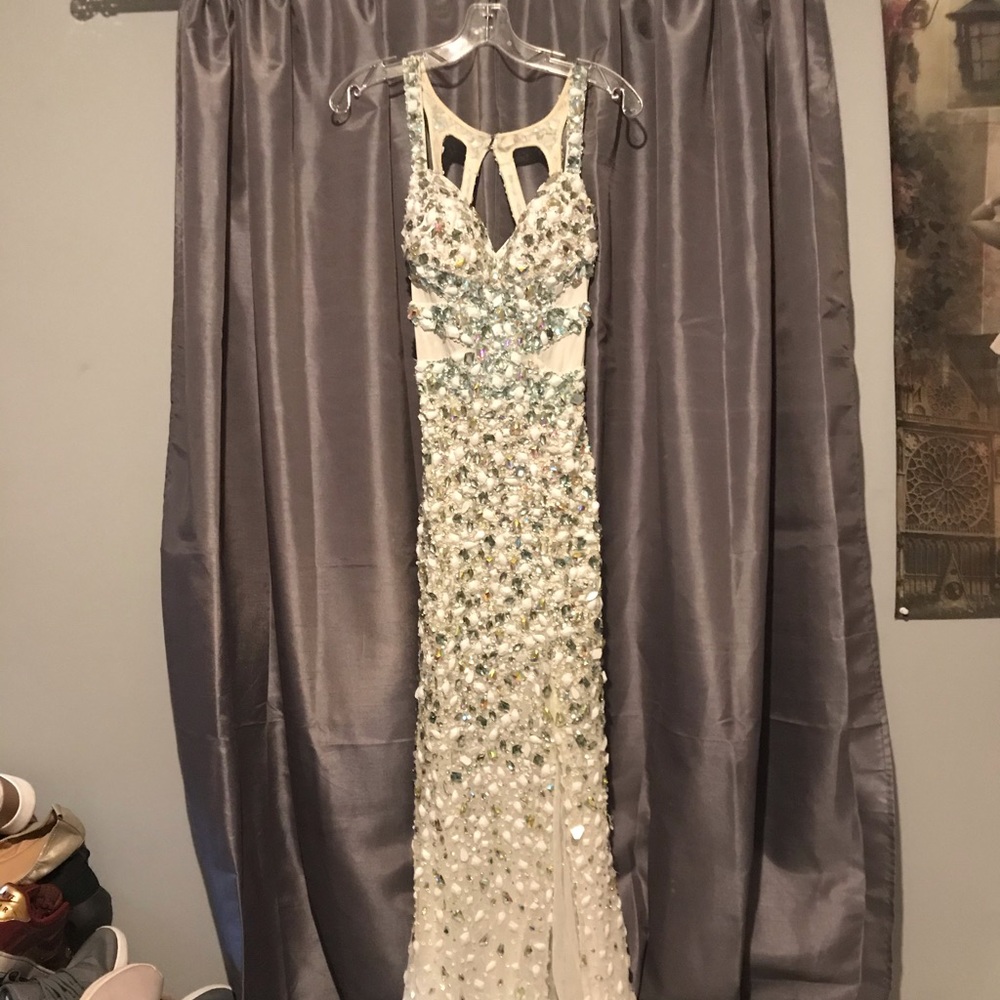 Jaay Couture embellished unique prom dress open back side slit padded